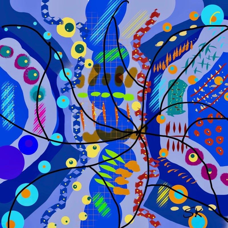 Abstract painting by Sherry Killam Arts suggesting a complex map of traffic patterns,mostly blues with yellow and red details.