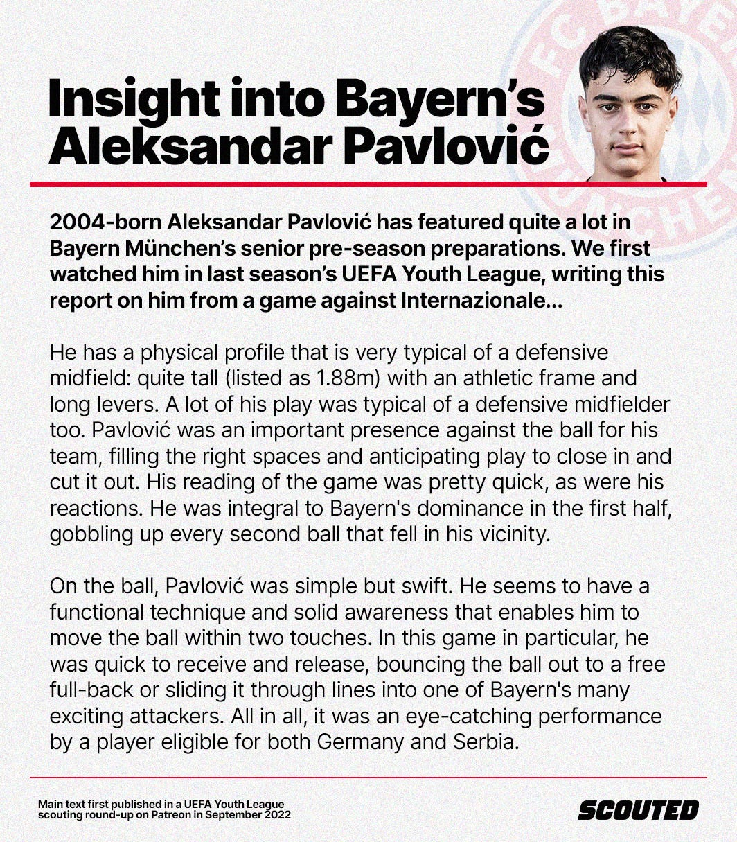 A graphic featuring an excerpt from one of our UEFA Youth League round-ups focussing on Bayern München's Aleksandar Pavlovic