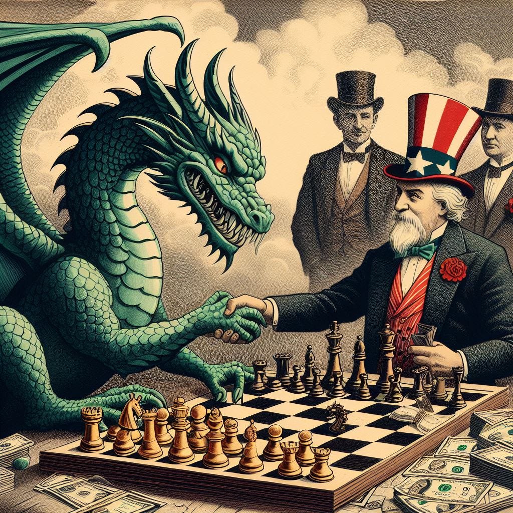 Dragon checkmates Uncle Sam while playing chess, bankers rub hands in background