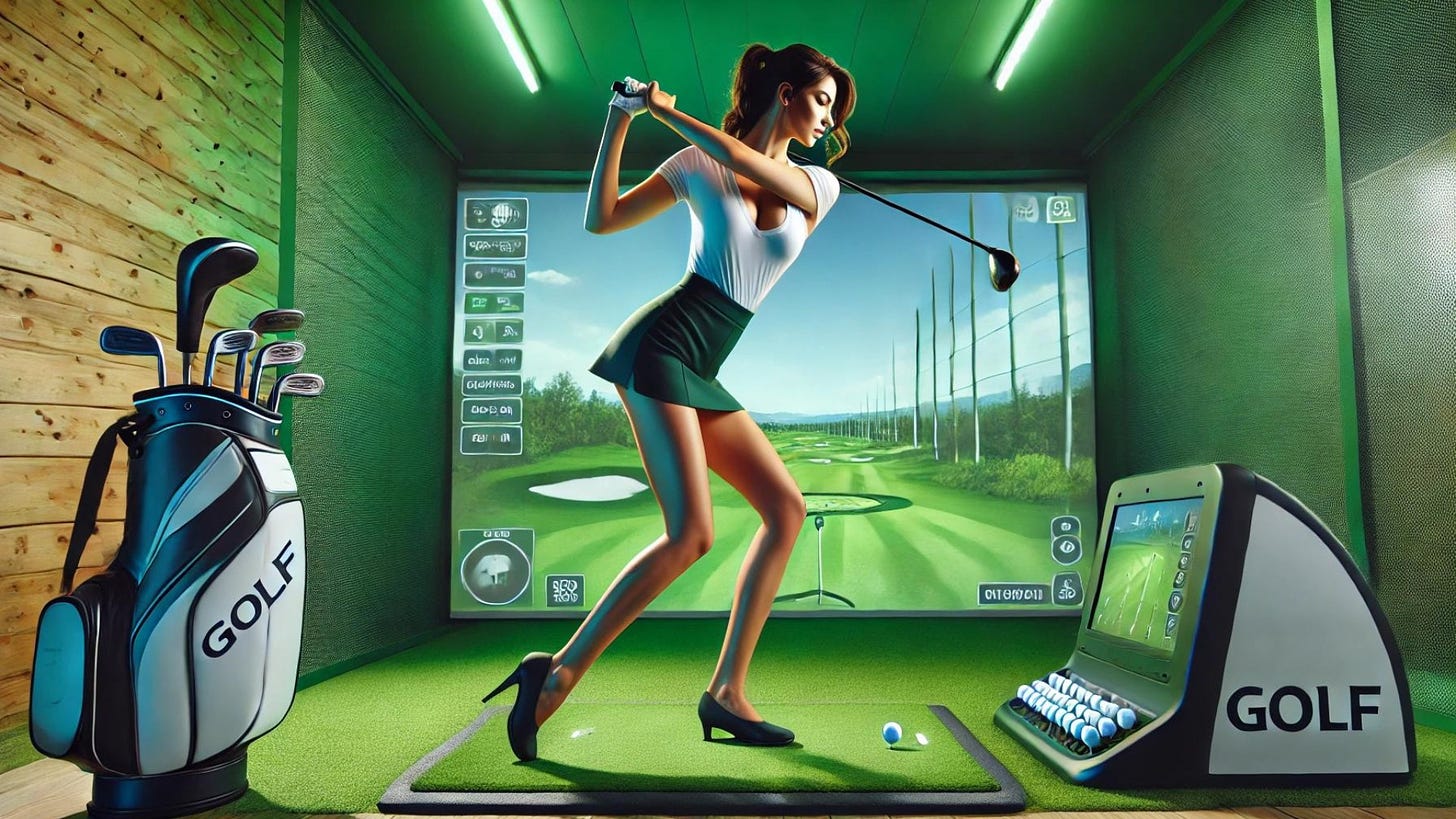 woman golfer swinging on a simulator 