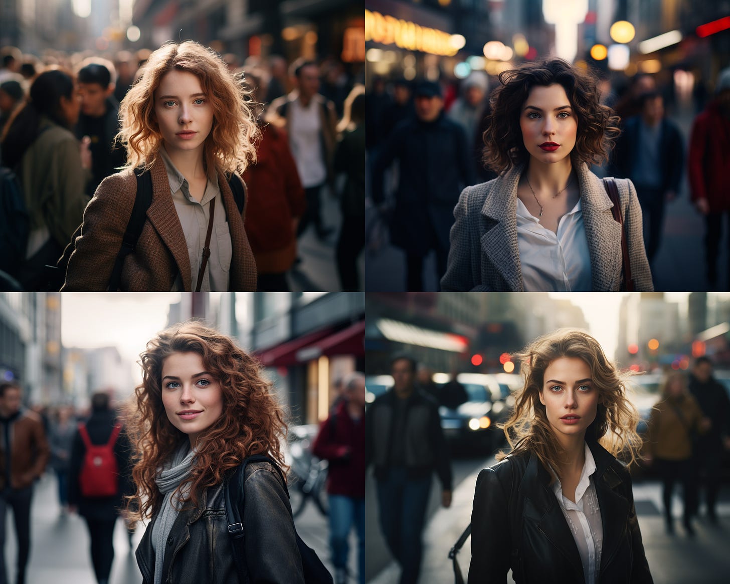 Four-grid output with four professional photos of women on a busy street. Midjourney V 5.2