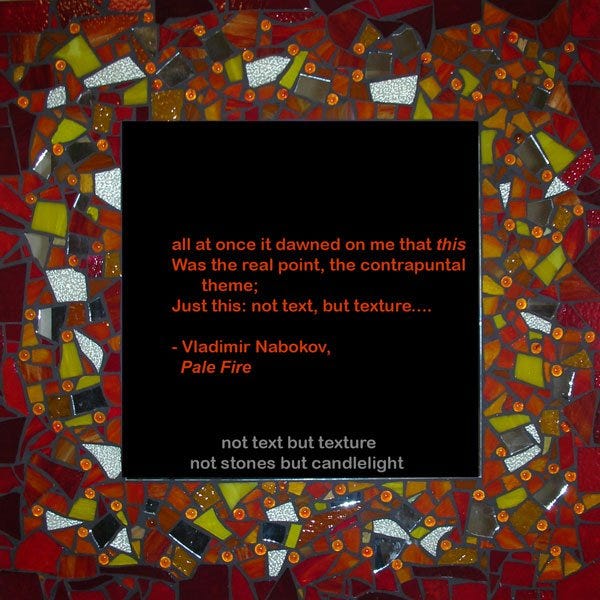 A mosaic tile with dark autumn colours by Helen Sword with the hidden text revealed in the poem 'Inspiration' at the centre