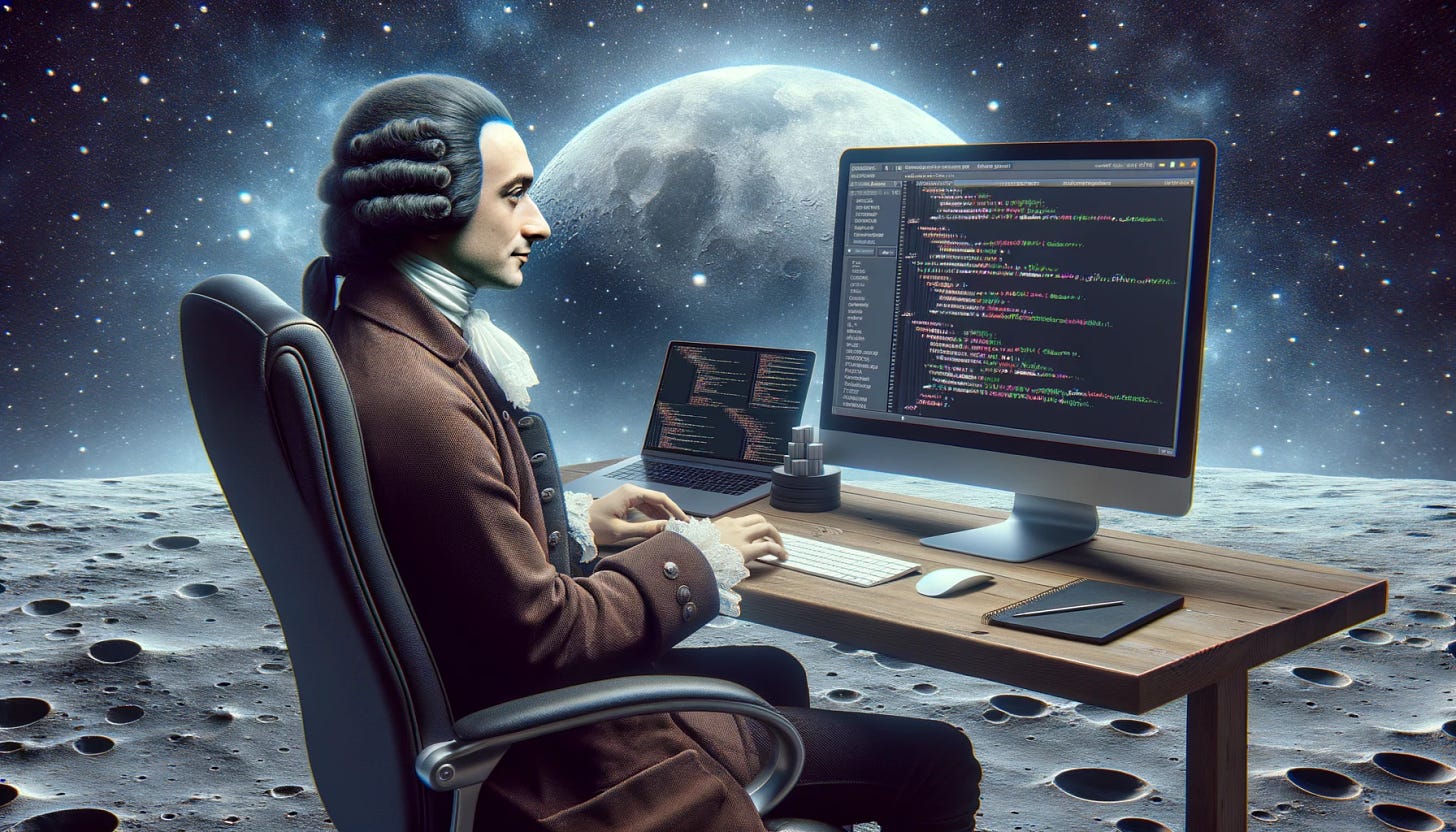 Photo of Adam Smith, the 18th-century economist, sitting at a modern computer desk, programming a technology product related to artificial intelligence. He is intently focused on the screen, with lines of code visible. The entire scene is set against a moon-like, cratered background.