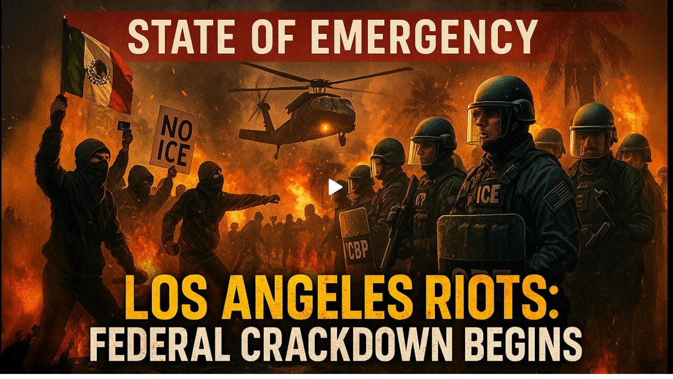AI-generated image depicting scary rioters in hoodies, masks, and balaclavas on the left, holding blobby Molotov cocktails, a Mexican flag, and a sign reading NO ICE, facing off against clean-cut police in military style riot gear, holding similarly blobby firearms at the ready. in the middle distance, a badly-rendered Blackhawk helicopter hovers above the scene, and in the farther distance, blobby zombielike figures fight each other. Flames rise up on all sides, illuminating palm trees so you know it's supposed to be LA AI-generated image depicting scary rioters in hoodies, masks, and balaclavas on the left, holding blobby Molotov cocktails, a Mexican flag, and a sign reading NO ICE, facing off against clean-cut police in military style riot gear, holding similarly blobby firearms at the ready. in the middle distance, a badly-rendered Blackhawk helicopter hovers above the scene, and in the farther distance, blobby zombielike figures fight each other. Flames rise up on all sides, illuminating palm trees so you know it's supposed to be LA