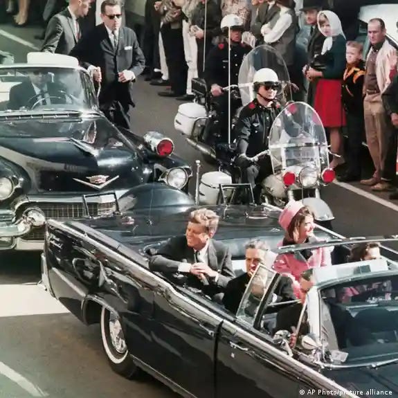 Picture of US President John F. Kennedy's motorcade as it traveled through Dallas in 1963.
