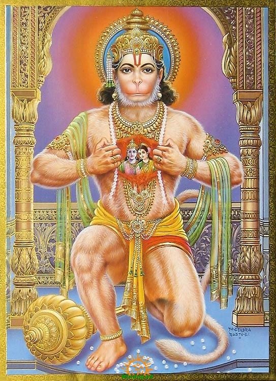 A common depiction of Hanuman has him tearing open his chest to reveal images of Rama and Sita in his heart.