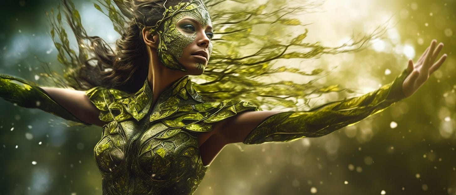 Create a stunning image of a nature superhero in action, showcasing the power of technology and data to protect and restore the environment. The superhero should be depicted as a mystical creature, such as a forest spirit or a water nymph, with a human-like form but with nature-inspired features, such as leaves or branches. They should be shown in a natural setting, such as a forest or a river, engaged in a dynamic act of protection or restoration. In one hand, they should hold a mystical object, such as a glowing orb or crystal, representing the power of technology and data. In the other hand, they should hold a nature-inspired object, such as a flower or a tree branch, symbolizing their connection to the natural world. The superhero should be in motion, as if they are moving with the elements of nature, with leaves or petals flying around them. The overall effect should be one of harmony and balance between technology and nature. The use of technology and data should be portrayed as a tool to help protect and restore the environment, rather than as a threat to it. The image should be vibrant and otherworldly, as if the superhero comes from a mystical realm where nature and technology are intertwined. The mystical object they hold should glow with a soft light, representing the power and potential of technology and data to help in the fight against climate change. The image should be shot with a wide-angle lens to capture the full scope of the environment, with the superhero and their surroundings shown in motion to create a sense of dynamic action. The colors should be rich and saturated, with deep blues and greens representing the natural world and soft, warm tones for the mystical object. The image should be composed with a sense of movement, as if the
