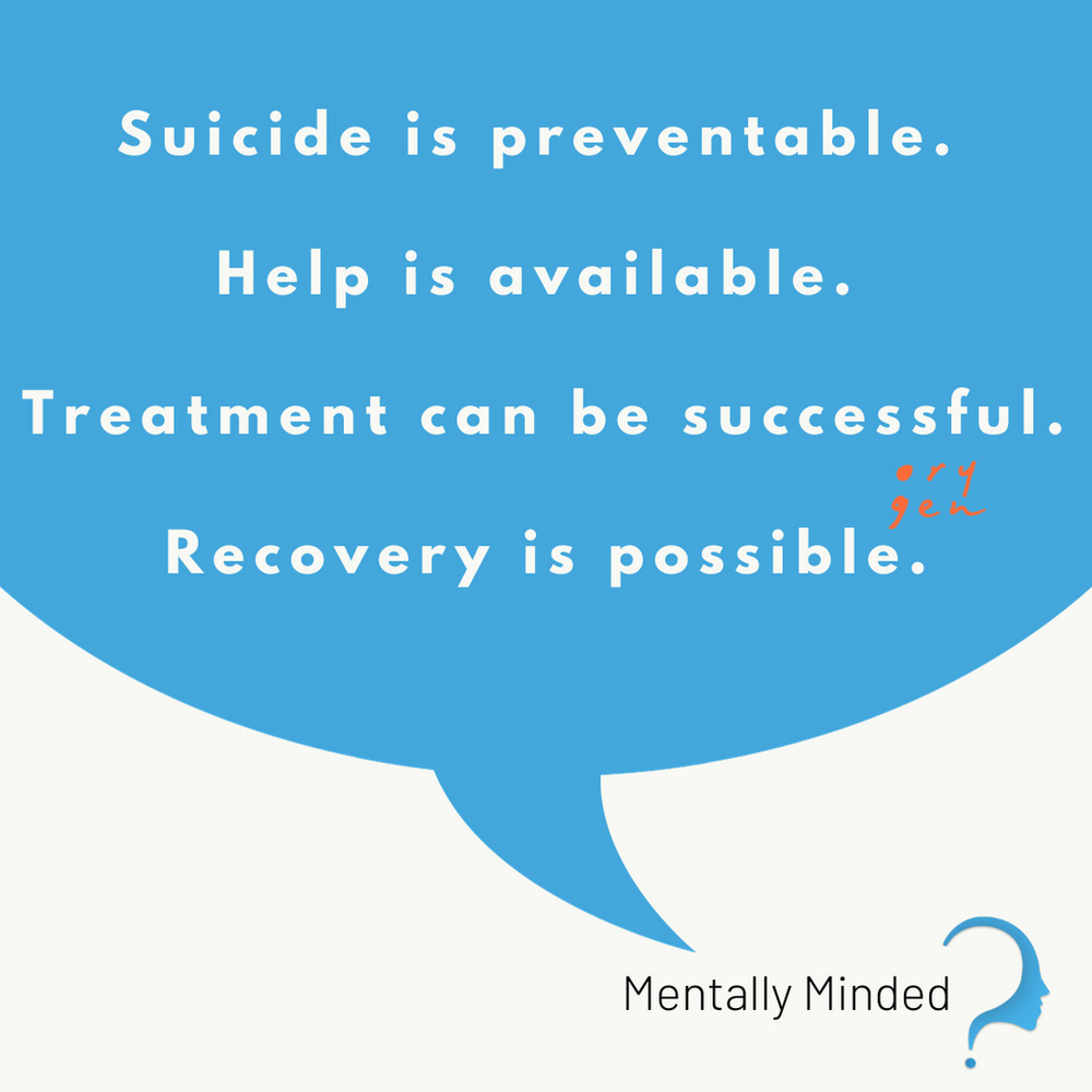 Blue thought bubble containing "Suicide is preventable.Help is available. Treatment can be successful. Recovery is possible." Mentally Minded logo and orygen logo.