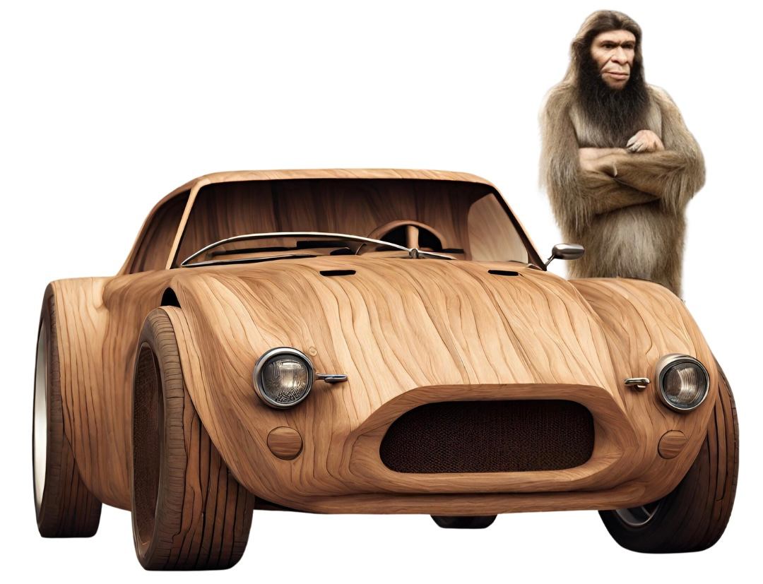 A proud and hairy caveman standing with his arms folded next to a sports car made entirely of wood