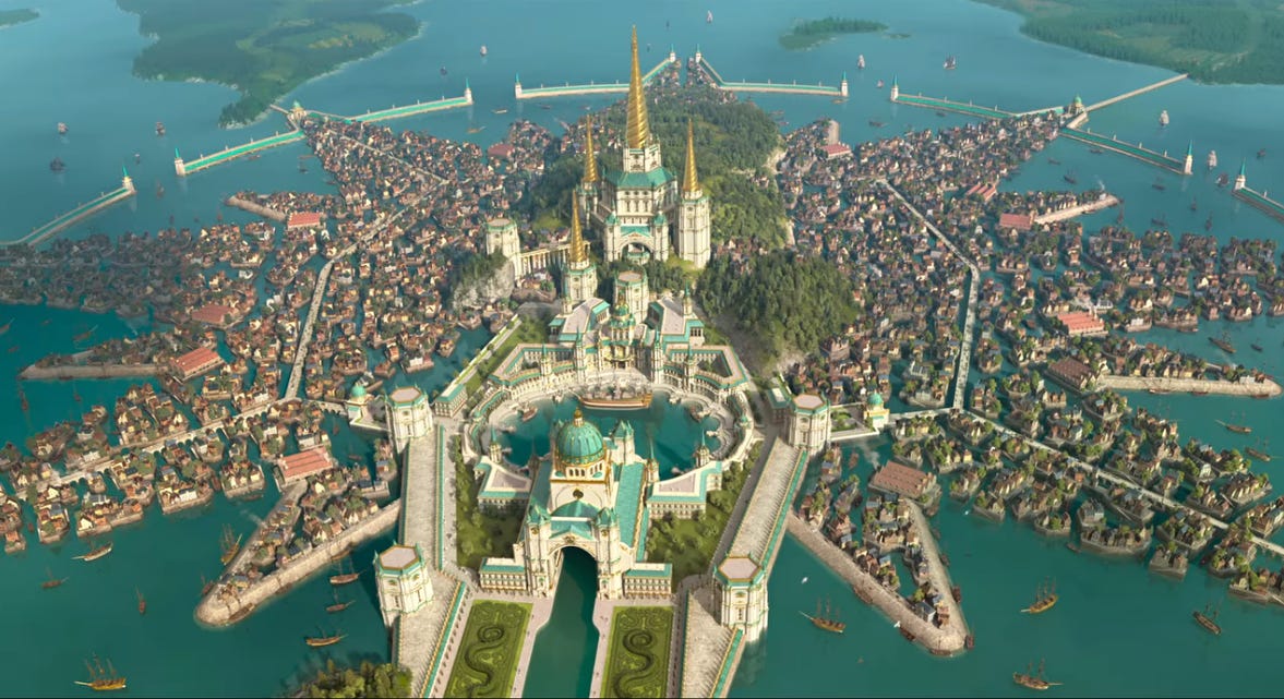 A screenshot from the movie, showing an artificial island with the "rays" of the compass rose star emanating from a tall, large white-blue-and-golden castle in the center.