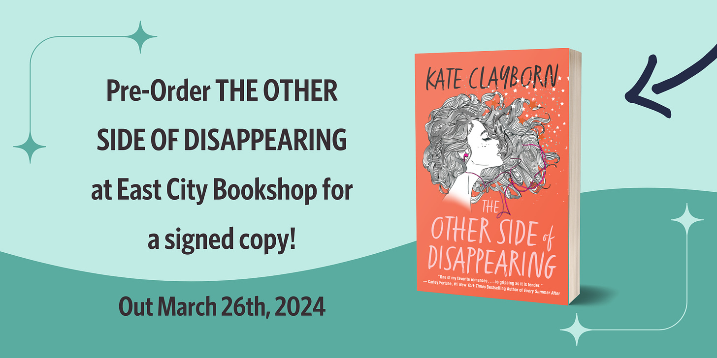 Graphic featuring the cover of The Other Side of Disappearing by Kate Clayborn, which is a lovely coral orange color with a line drawing of a woman with wild hair, earpods in her ears, and then it says "Pre-Order THE OTHER SIDE OF DISAPPEARING at East City Bookshop for a signed copy! Out March 26th!"