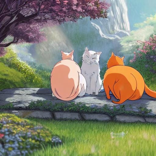 AI generated anime style illustration of two orange cats and one smaller gray cat