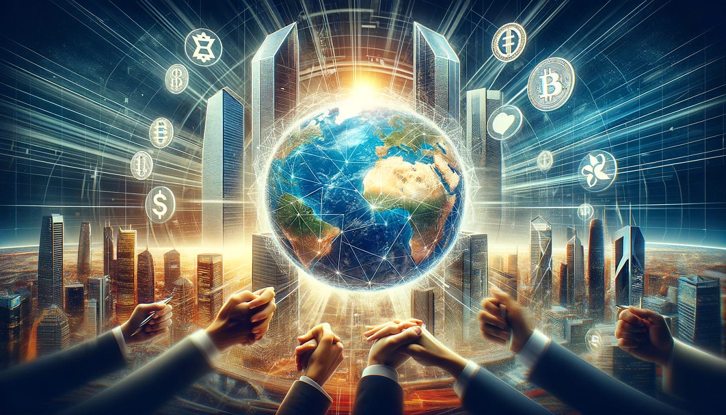 Visualize a modern, dynamic scene representing global dealmaking and tokenization. Picture a large, detailed globe centered in the composition, with various iconic skyscrapers representing major international corporations surrounding it. Above the globe, digital tokens and cryptocurrency symbols float, symbolizing the concept of tokenization. Below the globe, hands from different ethnicities are shaking, illustrating international cooperation and deals being made. The scene is set against a backdrop of a digital network grid, suggesting connectivity and the digital nature of modern business. The overall atmosphere should be futuristic and vibrant, emphasizing innovation and global collaboration.