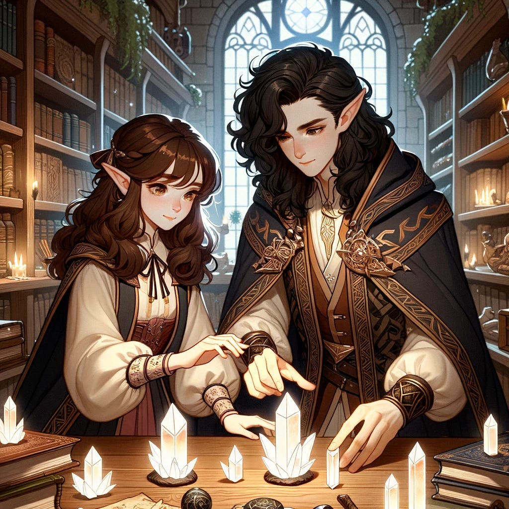 Illustration of a young female elf with brown hair and a male elf with long, curly black hair working together in a room. They are carefully examining and arranging magical crystals on a wooden table. Both wear mage attire adorned with arcane symbols, and the room is filled with shelves of magical artifacts, ancient books, and luminous crystals.