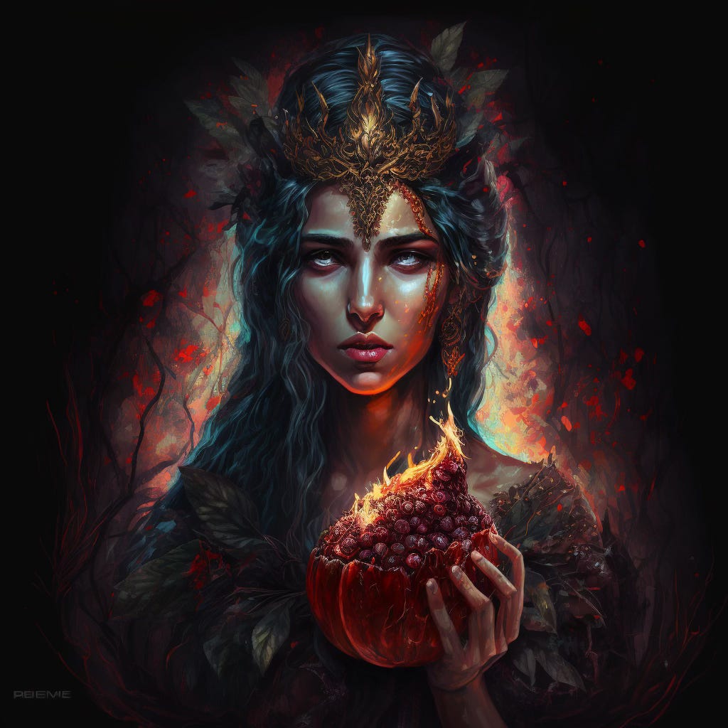 AI generated image of Persephone holding a burning pomegranate