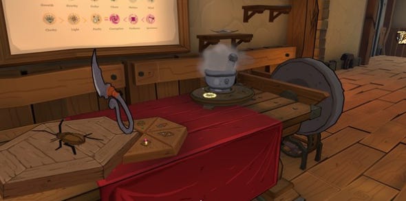 Screenshot from Alchemist Simulator depicting the cutting board and mortar and pestle.