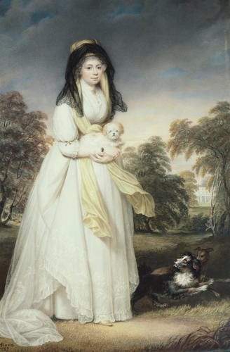 Portrait of Queen Charlotte in a white Neoclassical gown, holding a dog.