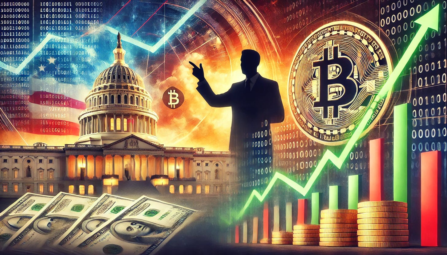 A symbolic composition showing the intersection of politics and finance. In the background, the U.S. Capitol building under a dramatic sky, symbolizing governance. To the right, a silhouetted politician gesturing towards financial elements in the foreground: a large Bitcoin symbol, stacks of U.S. dollar bills, and a fluctuating market graph with green and red arrows. The scene is dynamic, with a subtle overlay of digital binary code, representing the rise of cryptocurrencies and shifts in liquidity. The colors are bold and vibrant, emphasizing contrast and significance.