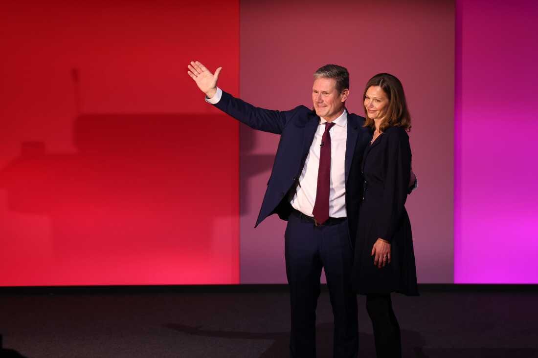Keir Starmer and wife Victoria accept the applause of delegates following his keynote speech to the Labour conference for the first time as party leader on Sept. 29, 2021, in Brighton, England.