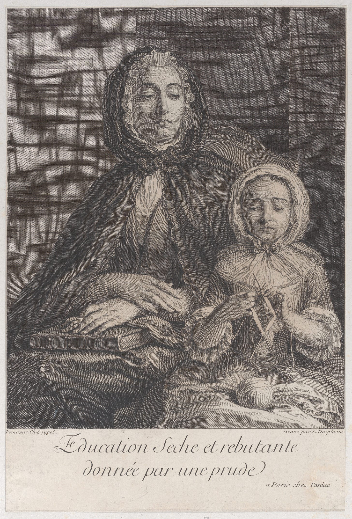 A young girl knits while an older woman looks on. "Education seche et rebutante donnée par un prude" is written in script.
