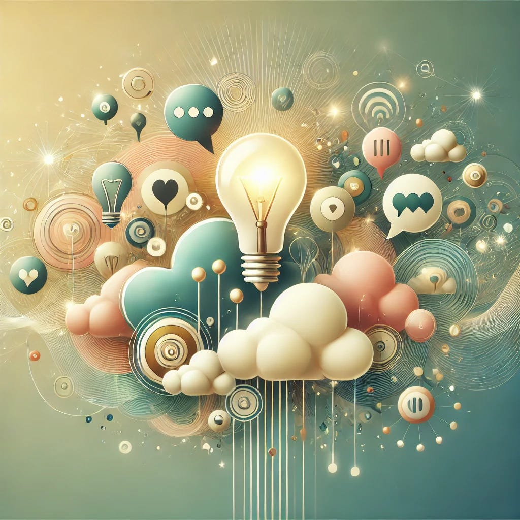 A visually engaging, text-free graphic that reflects the theme of community feedback and content creation. The design features abstract elements symbolizing ideas and communication, such as glowing lightbulbs, interconnected chat bubbles, and swirling thought clouds. The background uses a soft gradient with warm and inviting tones like teal, gold, and white, creating a sense of collaboration and creativity. The overall style is clean, modern, and professional, emphasizing the concept of brainstorming and audience engagement without any literal text or icons.