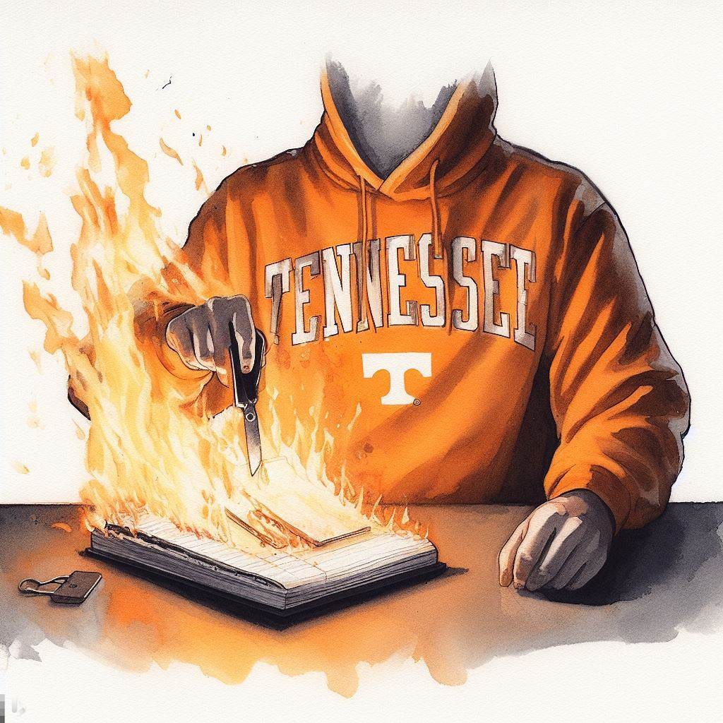 A person wearing a University of Tennessee sweatshirt lighting a legal pad on fire, watercolor