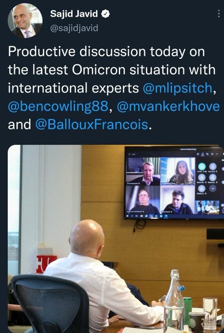 a 2020 tweet from UK health secretary Sajid Javid on a zoom call with Francois Balloux and others