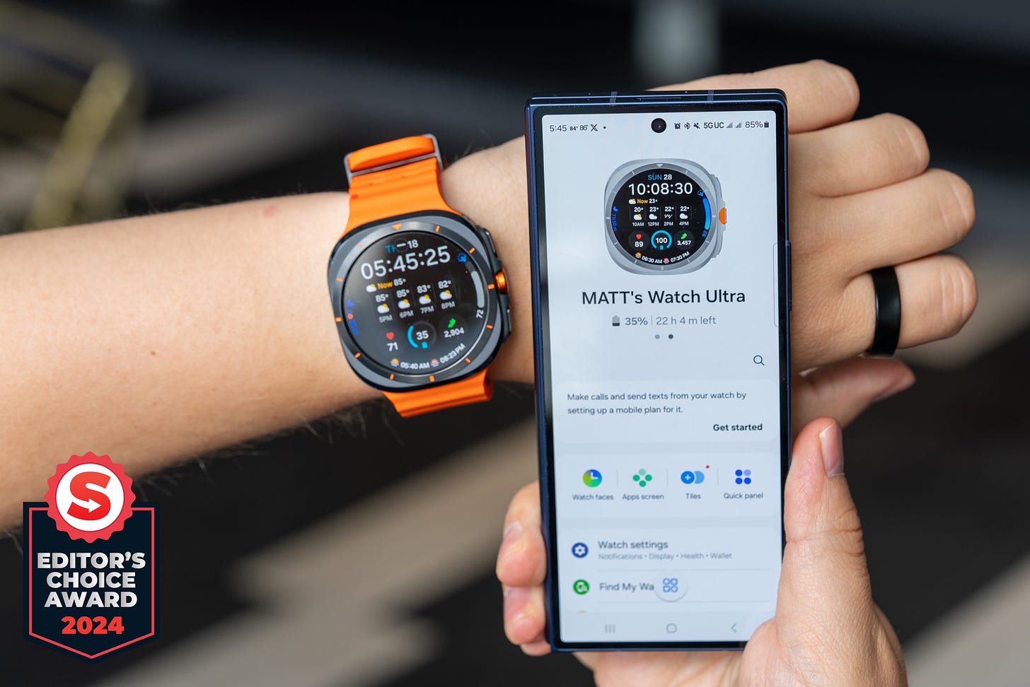 Samsung Galaxy Watch Ultra next to a Samsung Galaxy Z Fold 6 with a Samsung app open