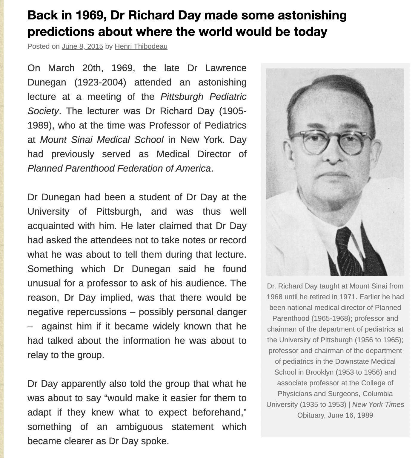 "Everything is in place and nobody can stop us now." In 1969, ex-Planned Parenthood Medical Director Richard Day Prophesied How the Depopulation Global Agenda Would Unfold 