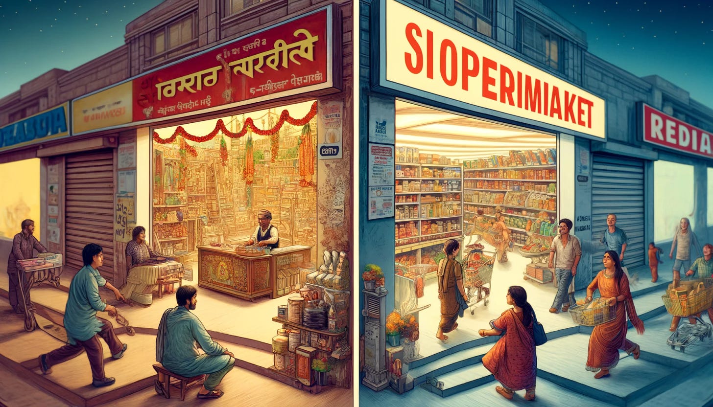 Illustrate a bustling street scene in India showing a contrast between a traditional mom and pop kirana store and a modern supermarket. On one side, depict a small, intimate kirana store packed with a variety of goods reaching up to the ceiling, shoppers negotiating prices, and a friendly shopkeeper behind a crowded counter. The shop is adorned with colorful signage and strings of marigolds, typical of local charm. On the opposite side, showcase a large, well-lit supermarket with wide aisles, modern shelving units filled with neatly organized products, shopping carts, and customers browsing the aisles in a more anonymous setting. The supermarket has a large, brightly lit sign above the entrance. The image should vividly contrast the personal, community feel of the kirana store with the impersonal efficiency of the supermarket.