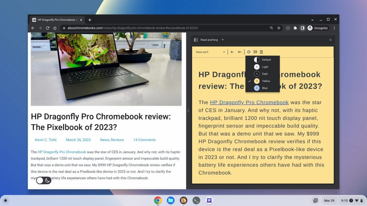 Customizing the Read Anywhere side panel in ChromeOS 111