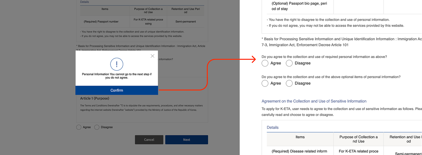 On the left, an error message reading "Personal information. You cannot go to the next step if you do not agree", button reading "Confirm". On the right, an immigration form without any additional error indicators.