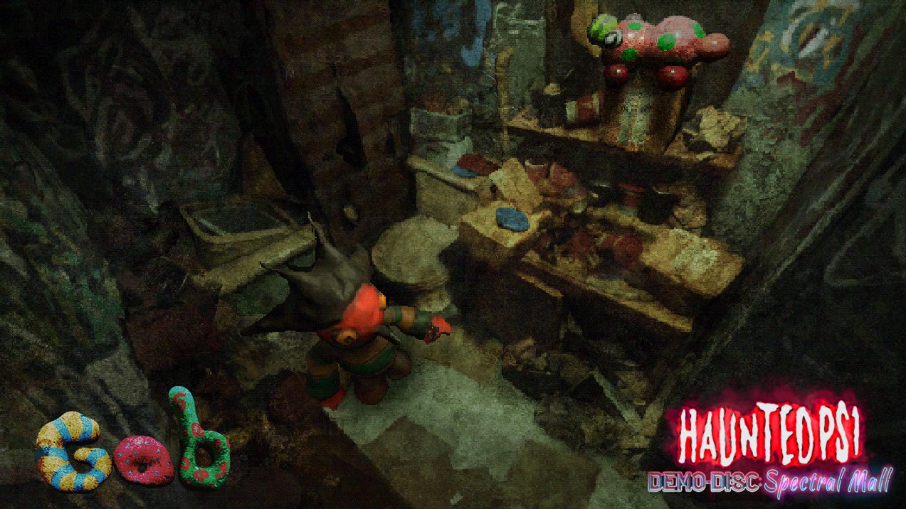 Gob from the Haunted PS1 Demo Disc: Spectral Mall. An ugly bathroom cluttered with all manner of debris. A short, red humanoid with bulging yellow eyes and spiky black hair stands in the middle of the room, staring into the distance.