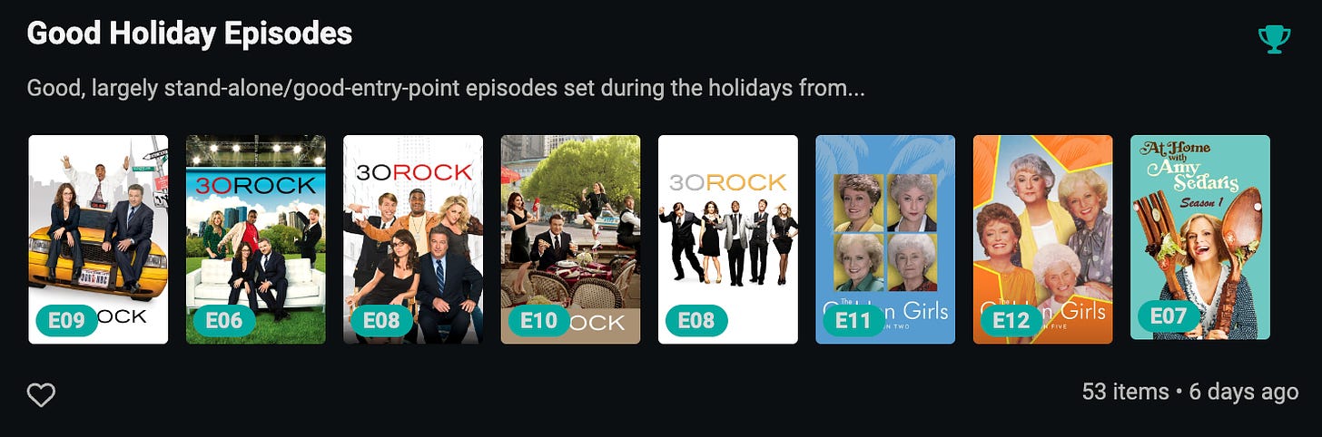 a screenshot of the list section on my Seralized profile featuring a list called “Good Holiday Episodes” 