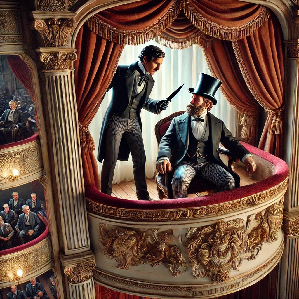 A detailed theater scene showing a dramatic moment inside a balcony box. An actor in a suit and top hat is holding a knife, standing next to a well-dressed politician wearing a suit and top hat. The two are in an opulent audience box with curtains draped in a classical theater setting. The politician is seated, while the actor stands behind him, creating tension. The theater background includes a stage visible below, dimly lit with ornate decorations, and an audience in the distance.