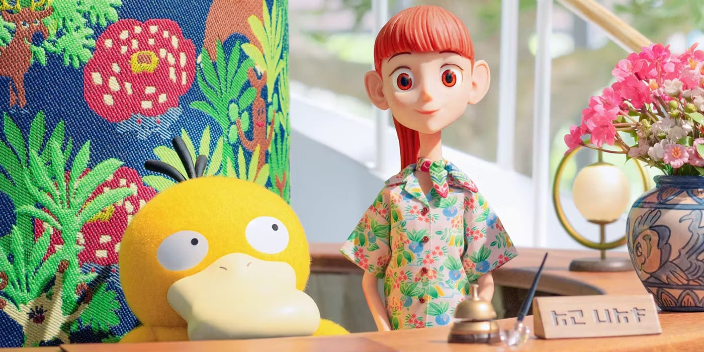 Haru and Psyduck waiting the receptionist desk in the Resort Main Lobby.