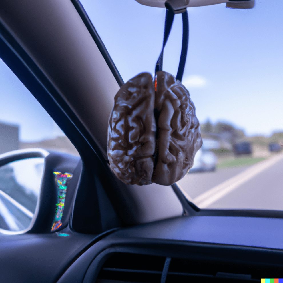 DALLE-2 Prompt: “A brain in a jar, hanging from the rear-view mirror of a self-driving car.”