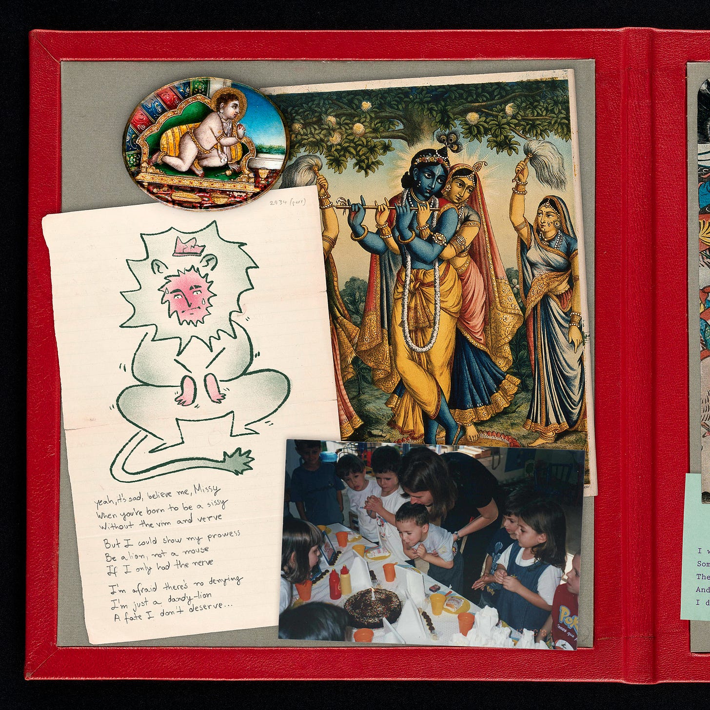 It is a zoomed version of the first image and focuses on its left side. There is a photograph depicting a child’s birthday; a notebook paper drawing of a person dressed as a lion looking distressed, accompanying some handwritten lyrics from If I Only Had the Nerve from The Wizard of Oz; and two Hindu illustrations of Bala Krishna and Radha Krishna, respectively.