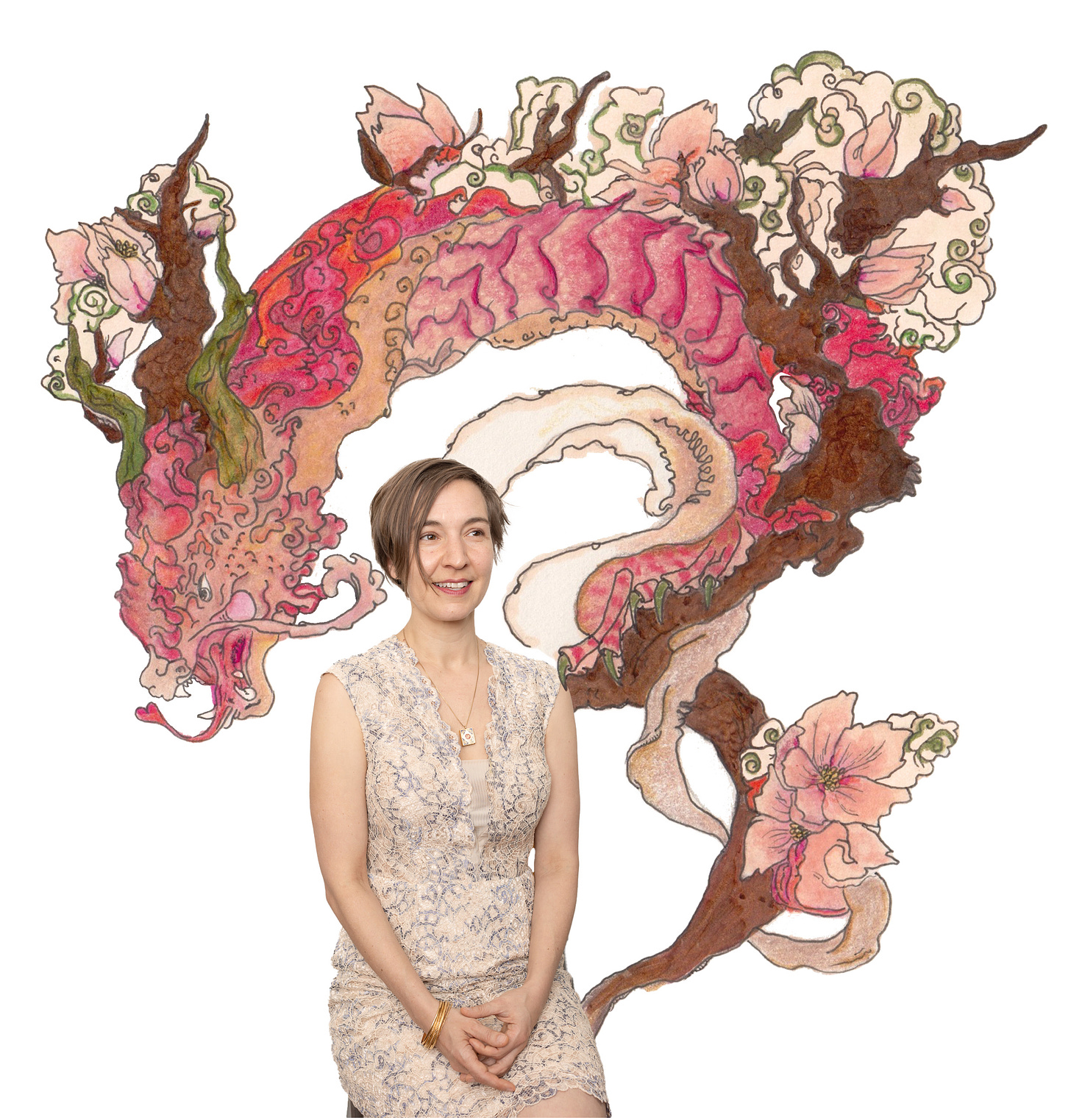 Mitra seated in a white dress with an illustrated dragon in pink and red tones