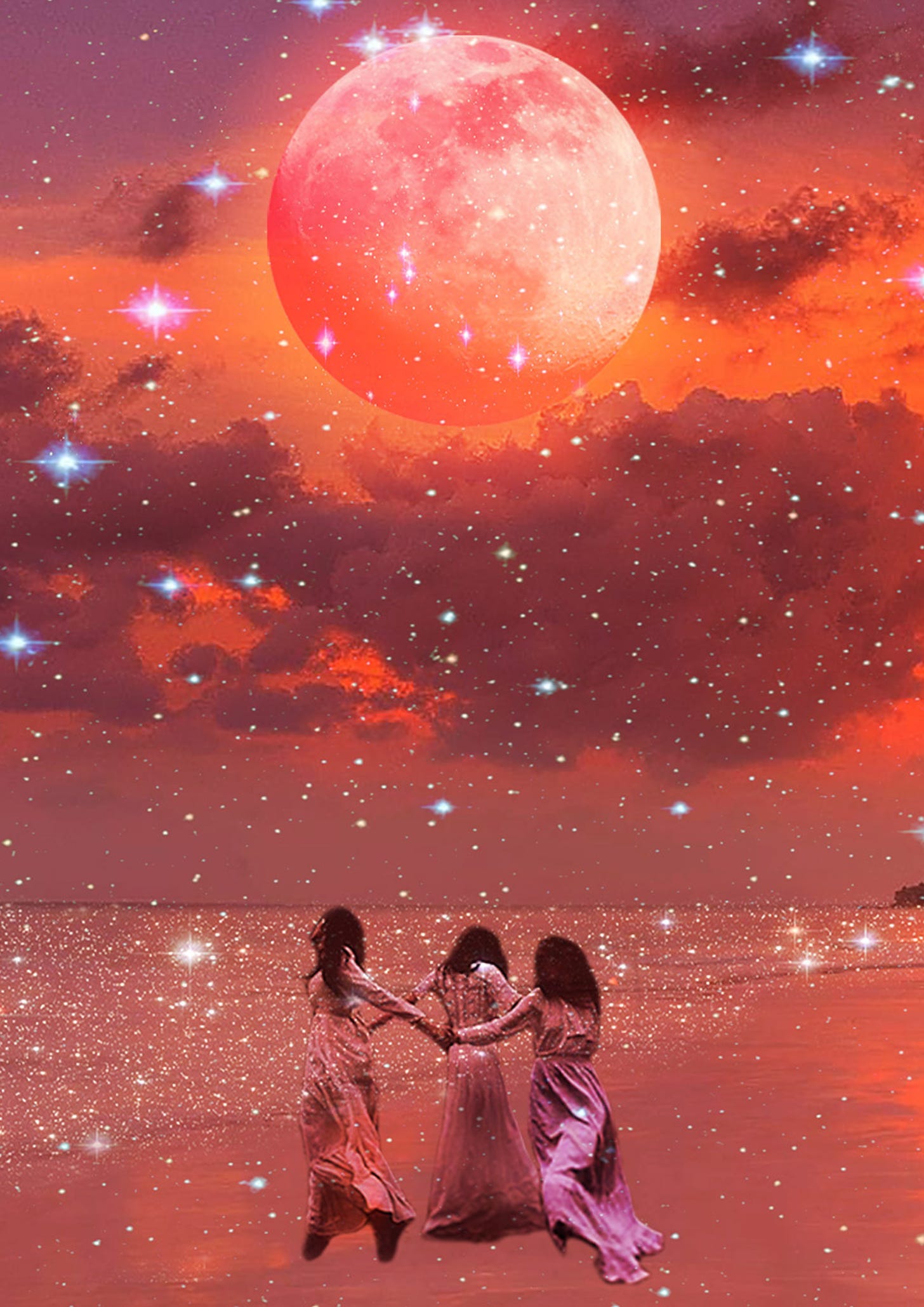 Art of women dancing on the sea shore under a sparkling orange sky and full moon