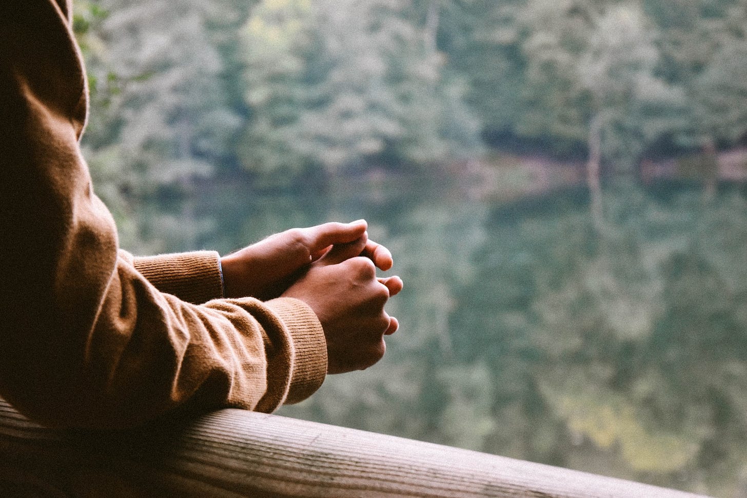 Image of the arms and hands of a person leaning on a railing over a lake with trees in the background. 