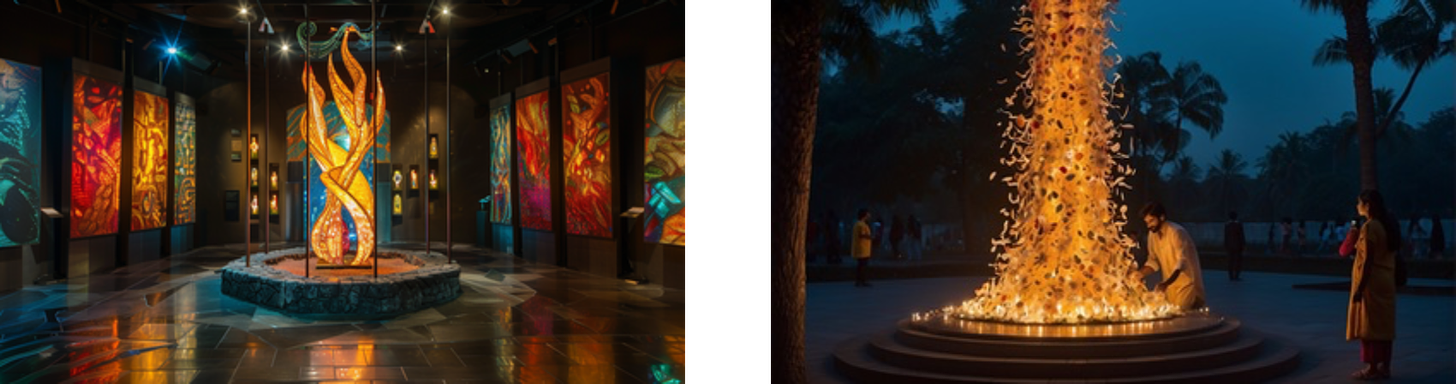 The image on the left depicts an indoor exhibition space illuminated by spotlights, featuring a tall, vibrant sculpture encircled by a series of colorful, vertically displayed artworks. The sculpture appears to be a stylized, flame-like form in orange and yellow hues, which stands out as the central piece.  The image on the right captures a serene outdoor scene at dusk, focused on a large, tree-shaped structure ablaze with light, around which people are gathered, observing in contemplation or perhaps participating in a ceremony. The warm light from the installation contrasts with the twilight ambiance of the surrounding environment.