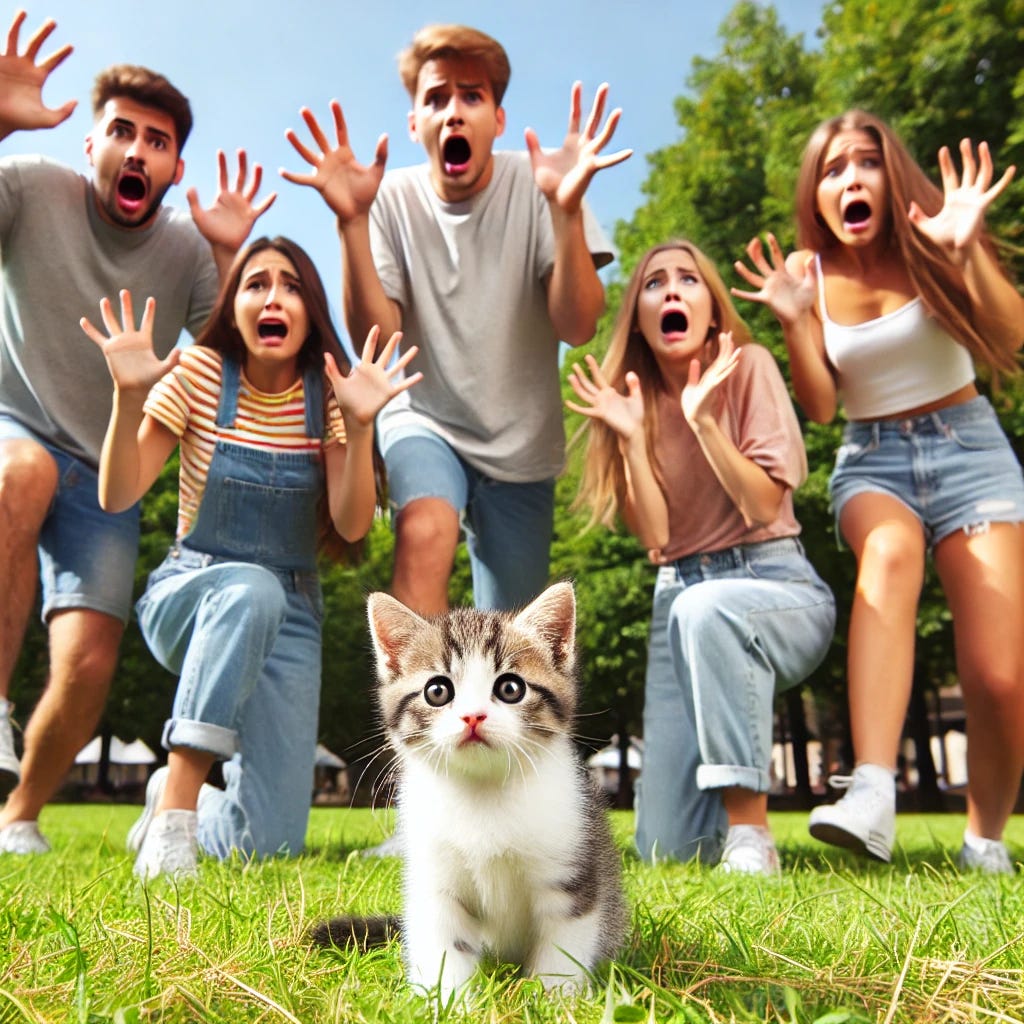 A group of people in a park looking terrified as they run away from a small, harmless kitten sitting innocently on the grass. Their expressions show exaggerated fear, with hands raised and mouths open in shock. The kitten looks confused and unaware of the panic. The scene is bright and cheerful, with a sunny sky and green trees in the background.