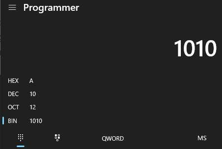 programmer calculator showing 1010 in hex
