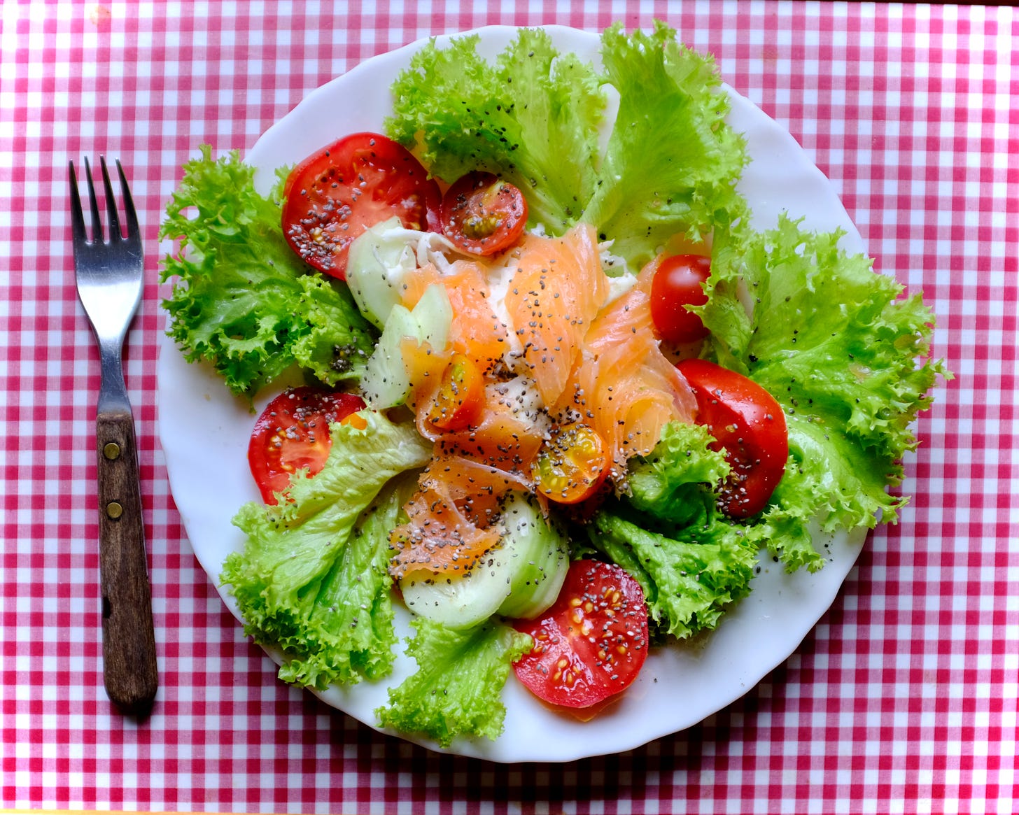 Smoked salmon salad on white plate placed on red and white gingham cloth