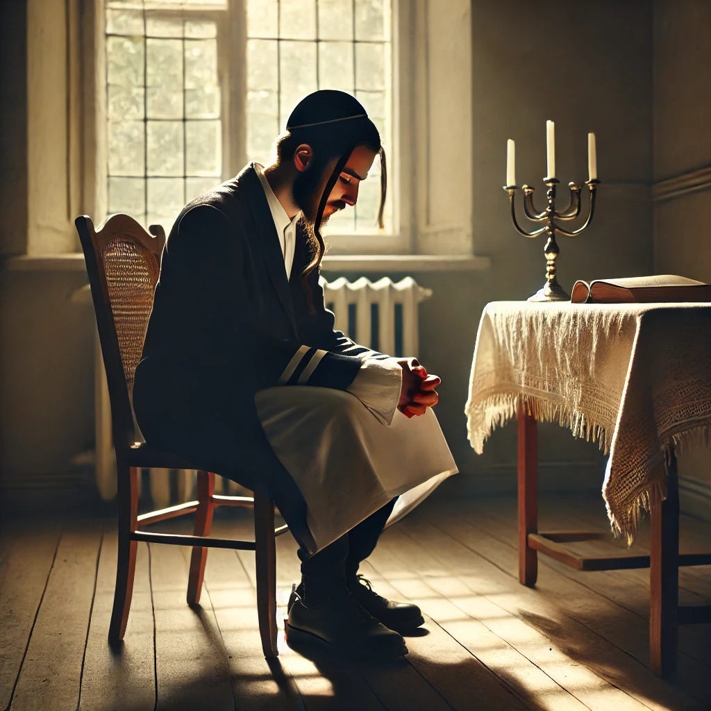 A Jewish person observing a fast, sitting in a quiet, reflective space with natural light filtering through a window. The person is dressed modestly, seated with their hands resting on their lap, and they have a contemplative expression on their face. The room has simple decor, with a small table nearby holding a candle and a book, suggesting a focus on spirituality and introspection. The overall mood is peaceful and somber, emphasizing reflection and connection with faith.