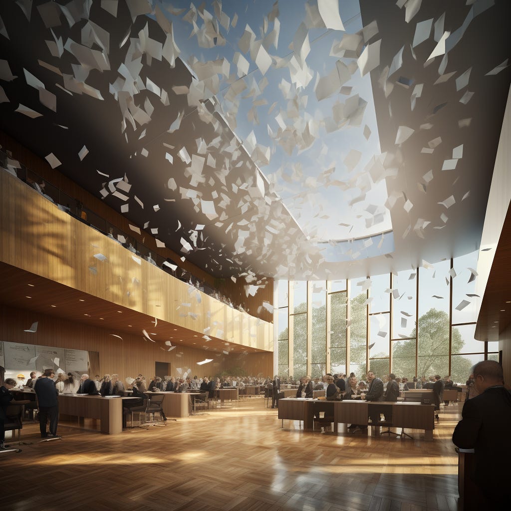 a large modern conference hall with many papers falling from the ceiling