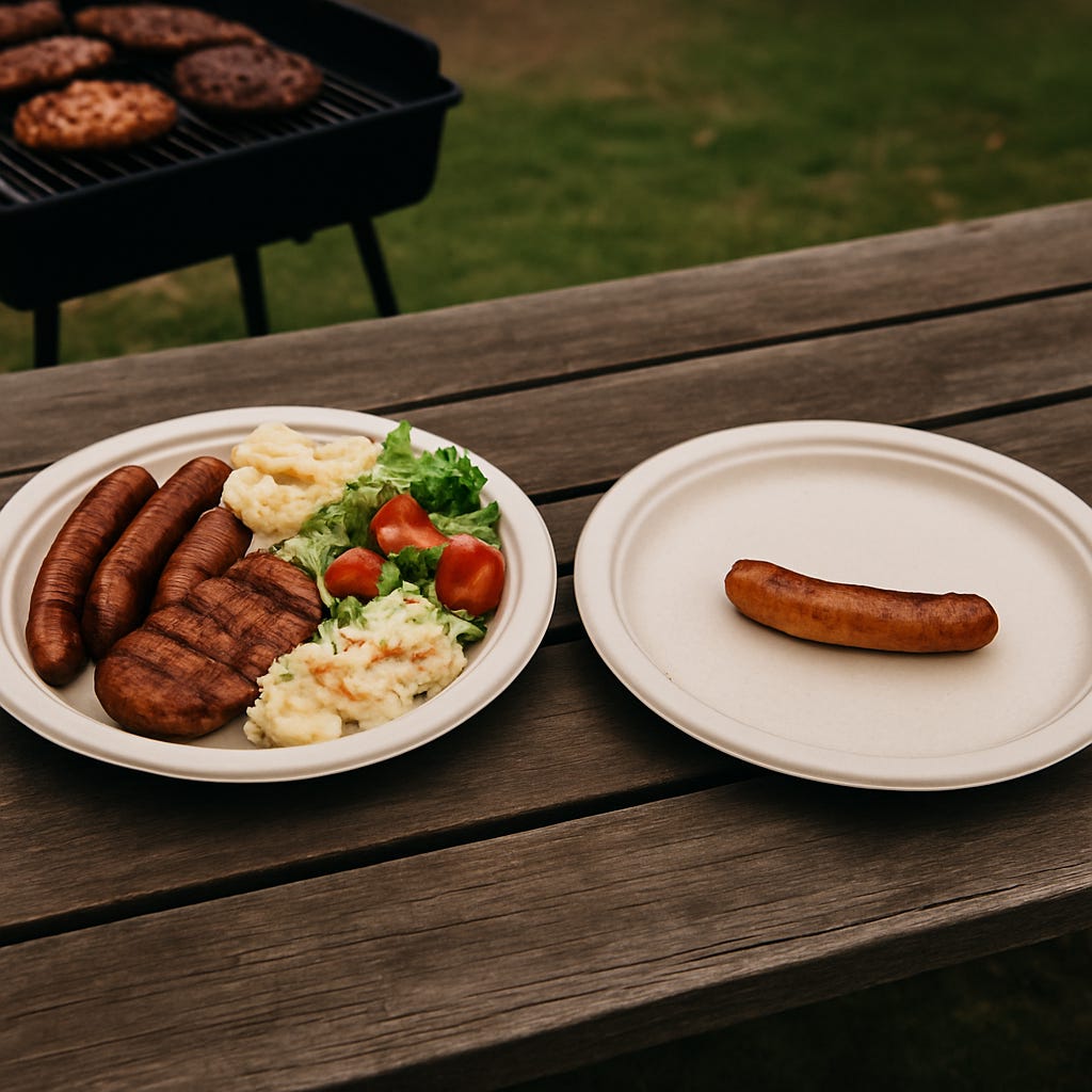 ChatGPT prompt: A muted, documentary-style photograph in 1:1 format showing two biodegradable plates on a rustic wooden picnic table outdoors. One plate is full with sausages, grilled meat, mashed potatoes, lettuce, and tomatoes. The other plate, beside it, holds only a single sausage. The background shows a blurred barbecue grill with food cooking and a grassy yard, evoking a quiet, symbolic scene of imbalance. Natural lighting, soft shadows, realistic colour palette.