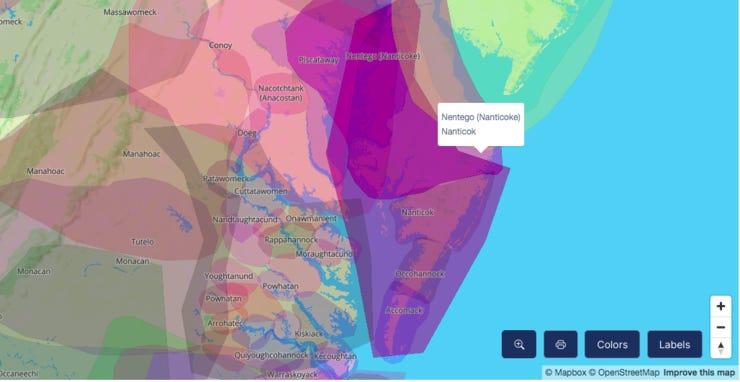 A screenshot of Indigenous land in what would later become Maryland, Washington, D.C. and Virginia. Photo from https://native-land.ca/