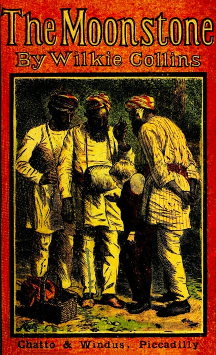 vintage cover of the moonstone by wilkie collins, showing a dark image of three hindu gentlemen